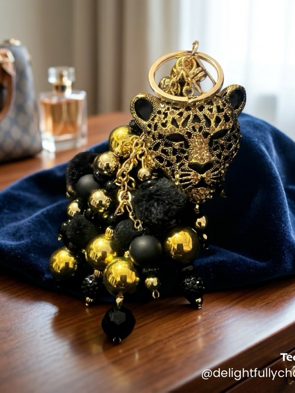Delightfully Chic Black & Gold Leopard Keychain Card Holder Charm
